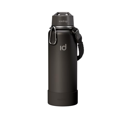 IceDrop® XXL Thermo Trinkflasche Edelstahl [1L] für eiskalte & heiße Getränke I 100% auslaufsicher & Kohlensäure geeignet I Isolierflasche mit 2 Deckeln I Edelstahl Trinkflasche - Schwarz von IceDrop