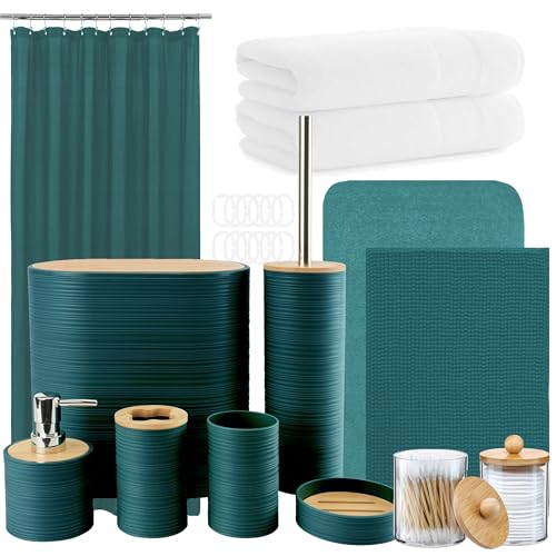 Icegrey 25-teiliges Bambus-Badezimmer-Zubehör-Set mit Duschvorhang-Set und Teppichen, Becher, Zahnputzbecher, Seifenspender, Seifenschale, WC Bürste, Mülleimer, Qtip Halter und Handtuch, Dunkelgrün Icegrey 25-teiliges Bambus-Badezimmer-Zubehör-Set mit Duschvorhang-Set und Teppichen, Becher, Zahnputzbecher, Seifenspender, Seifenschale, WC Bürste, Mülleimer, Qtip Halter und Handtuch, Dunkelgrün von Icegrey