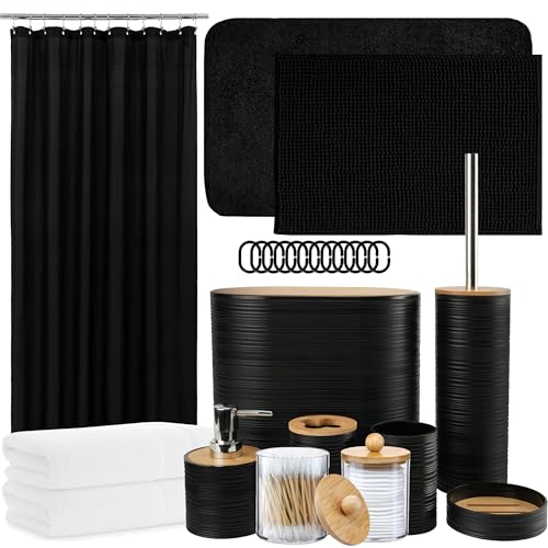 Icegrey 25-teiliges Bambus-Badezimmer-Zubehör-Set mit Duschvorhang-Set und Teppichen, Becher, Zahnputzbecher, Seifenspender, Seifenschale, WC Bürste, Mülleimer, Qtip Halter und Handtuch, Schwarz Icegrey 25-teiliges Bambus-Badezimmer-Zubehör-Set mit Duschvorhang-Set und Teppichen, Becher, Zahnputzbecher, Seifenspender, Seifenschale, WC Bürste, Mülleimer, Qtip Halter und Handtuch, Schwarz von Icegrey