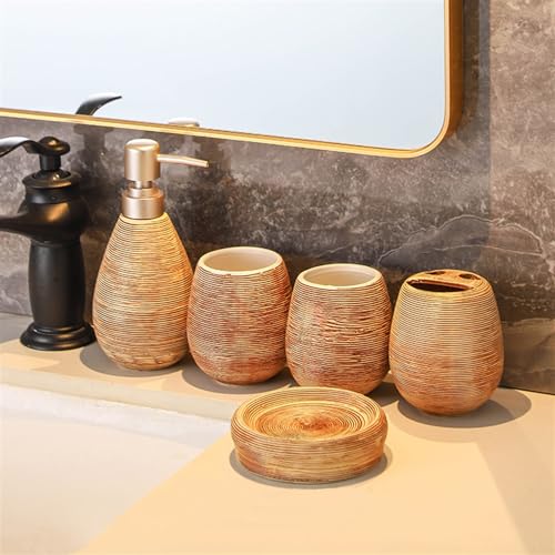 Icegrey Badezimmer Accessoires Set Moderner Stil Keramik 5 Teiliges Badezimmer Toilettenzubehör Set Hochzeits Waschset Braun von Icegrey