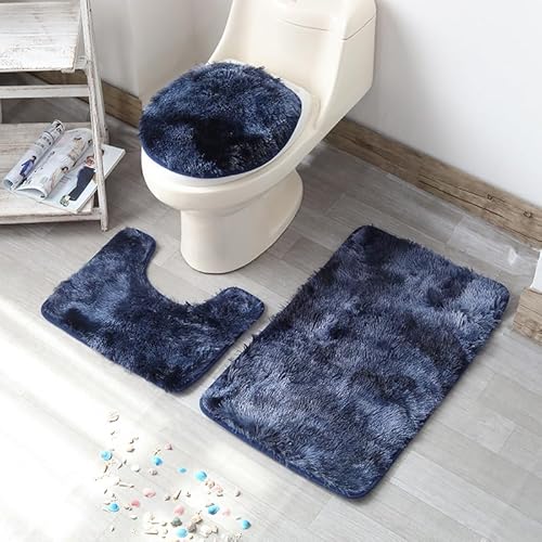 Icegrey Badteppich Set 3 Teilig und U-förmiger WC Bodenteppich rutschfeste Saugfähige Badematten Navy blau von Icegrey