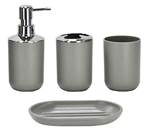 Icegrey Modern Design 4-teiliges Luxus-Badezimmerzubehör-Set Lotionflaschen, Zahnbürstenhalter, Zahnbecher, Seifenschale, Grau-Four von Icegrey