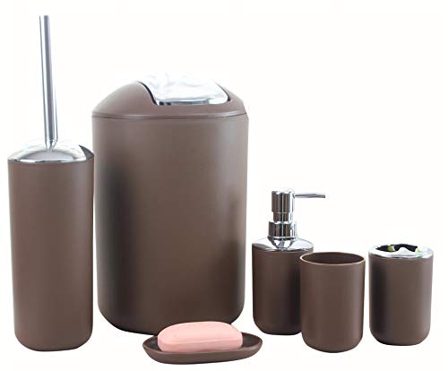 Icegrey Modern Design 6-teiliges Luxus-Badezimmerzubehör-Set Lotionflaschen, Zahnbürstenhalter, Zahnbecher, Seifenschale, Toilettenbürste, Mülleimer, Braun von Icegrey