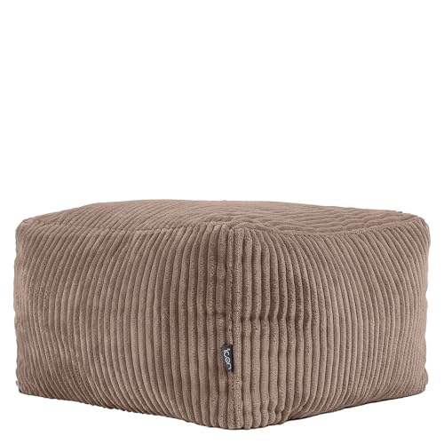 Icon Amara Hocker, Mokkabraun, Flauschiger Cord Stoff, Sitzsack Cord, Sitzpuff Hocker mit Füllung, Fußhocker für das Wohnzimmer, Deko Wohnzimmer von Icon