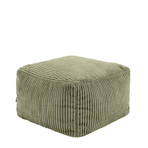 Icon Amara Hocker, Salbeigrün, Flauschiger Cord Stoff, Sitzsack Cord, Sitzpuff Hocker mit Füllung, Fußhocker für das Wohnzimmer, Deko Wohnzimmer von Icon