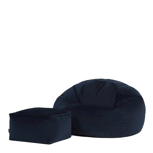Icon Kingston Sitzsack mit Hocker Samt, Dunkelblau, Sitzsack Erwachsene mit Füllung, Bean Bag, Samt Sessel, Lounge Sessel, Lounge Stuhl, Schlafzimmer, Wohnzimmer, Wohnzimmer Möbel von Icon