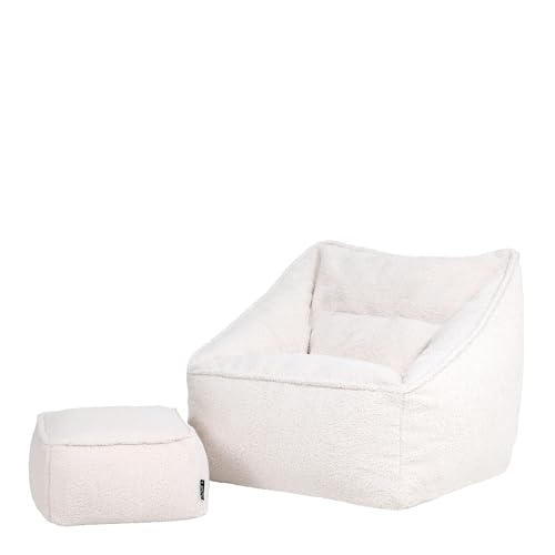 Icon Natalia Sitzsack Sessel mit Hocker für Erwachsene, Creme, Flauschiger Boucle Stoff, Riesen Sitzsack Sherpa mit Füllung, Bean Bag Chair, Bequemer Sessel Wohnzimmer, Lounge, Schlafzimmer, Büro von Icon