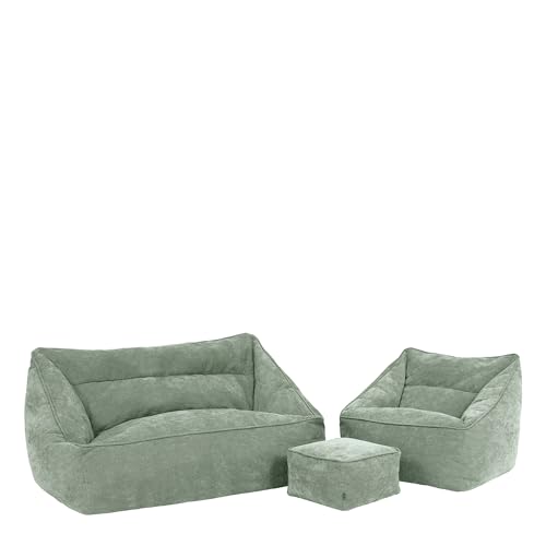 Icon Cecilia Sitzsack Sofa, Sitzsack Sessel mit Hocker, Salbeigrün, Flauschiger Chenille Stoff, 2 Sitzer Sofa Set für Erwachsene, Riesensitzsack mit Füllung, Lounge, Wohnzimmer, Deko Wohnzimmer von Icon