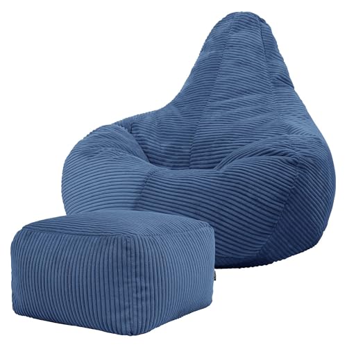 Icon Dalton Sitzsack mit Hocker Cord, Denimblau, Gaming Sitzsack Erwachsene mit Füllung, Bean Bag, Cord Sessel, Lounge Sessel, Lounge Stuhl, Schlafzimmer, Wohnzimmer, Wohnzimmer Möbel von Icon