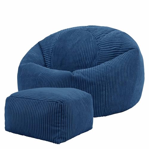 Icon Kingston Sitzsack mit Hocker Cord, Denimblau, Sitzsack Erwachsene mit Füllung, Bean Bag, Cord Sessel, Lounge Sessel, Lounge Stuhl, Schlafzimmer, Wohnzimmer, Wohnzimmer Möbel von Icon