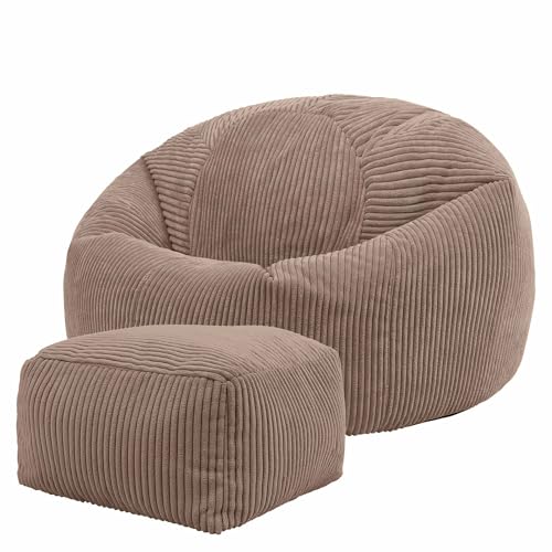 Icon Kingston Sitzsack mit Hocker Cord, Mokkabraun, Sitzsack Erwachsene mit Füllung, Bean Bag, Cord Sessel, Lounge Sessel, Lounge Stuhl, Schlafzimmer, Wohnzimmer, Wohnzimmer Möbel von Icon