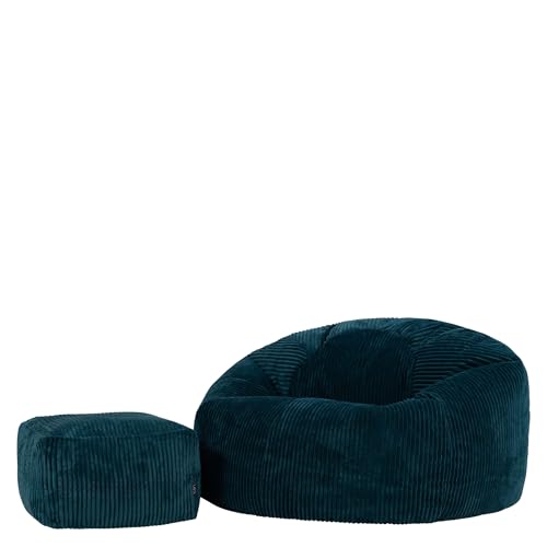 Icon Kingston XXL Sitzsack Cord mit Hocker, Blaugrün, Sitzsack Erwachsene mit Füllung, Bean Bag, Cord Sessel, Lounge Sessel, Lounge Stuhl, Schlafzimmer, Wohnzimmer, Wohnzimmer Möbel von Icon