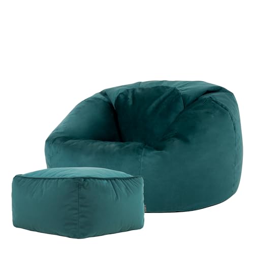 Icon Kingston Sitzsack mit Hocker Samt, Blaugrün, Sitzsack Erwachsene mit Füllung, Bean Bag, Samt Sessel, Lounge Sessel, Lounge Stuhl, Schlafzimmer, Wohnzimmer, Wohnzimmer Möbel von Icon