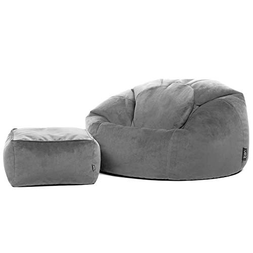 Icon Kingston Sitzsack mit Hocker Samt, Dunkelgrau, Sitzsack Erwachsene mit Füllung, Bean Bag, Samt Sessel, Lounge Sessel, Lounge Stuhl, Schlafzimmer, Wohnzimmer, Wohnzimmer Möbel von Icon
