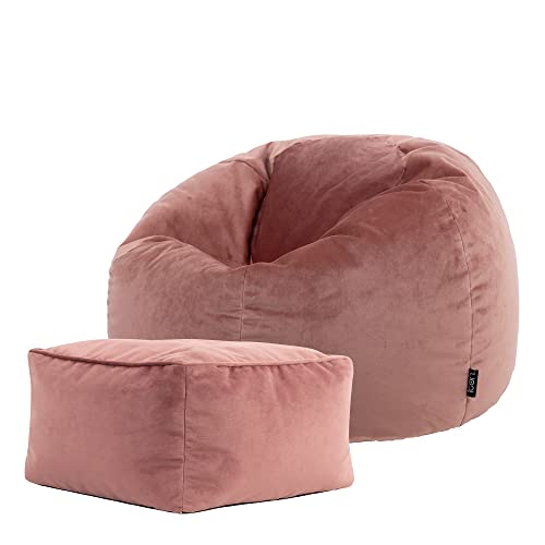 Icon Kingston Sitzsack mit Hocker Samt, Rosa, Sitzsack Erwachsene mit Füllung, Bean Bag, Samt Sessel, Lounge Sessel, Lounge Stuhl, Schlafzimmer, Wohnzimmer, Wohnzimmer Möbel von Icon