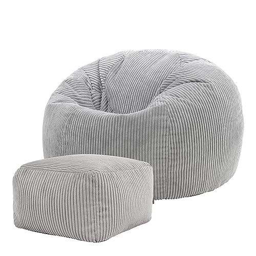 Icon Klassischer Sitzsack Flauschig aus Cord „Kingston“ mit Hocker, Grey, Cord Sitzsack Erwachsene mit Füllung, Indoor Sitzsack Kuschelig Groß von Icon