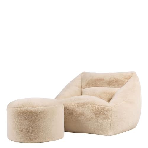 Icon Natalia Sitzsack Sessel für Erwachsene mit Hocker, Beige, Flauschiger Kaninchen Kunstfell Stoff, Riesen Sitzsack mit Füllung, Bean Bag, Bequemer Sessel Wohnzimmer, Lounge, Schlafzimmer, Büro von Icon