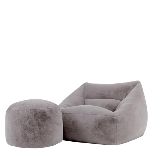 Icon Natalia Sitzsack Sessel für Erwachsene mit Hocker, Grau, Flauschiger Kaninchen Kunstfell Stoff, Riesen Sitzsack mit Füllung, Bean Bag, Bequemer Sessel Wohnzimmer, Lounge, Schlafzimmer, Büro von Icon