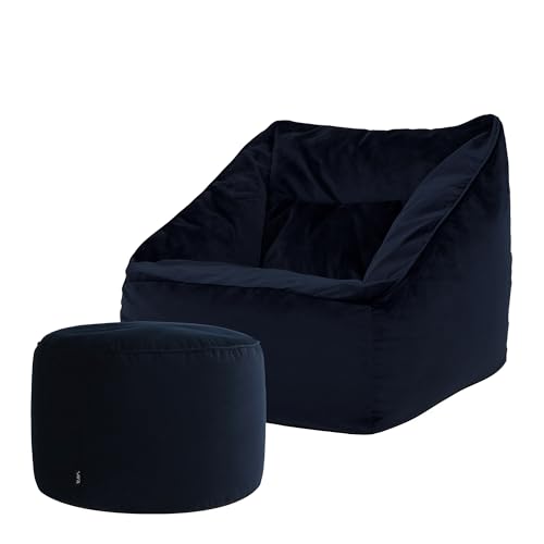 Icon Natalia Sitzsack Sessel mit Sitzpuff für Erwachsene, Dunkelblau, Flauschiger Samtstoff, Riesen Sitzsack Samt mit Füllung, Bean Bag Chair, Bequemer Sessel Wohnzimmer, Lounge, Schlafzimmer, Büro von Icon