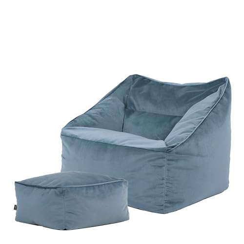 Icon Natalia Sitzsack Sessel mit Hocker, Hellblau, Samt, Riesen Sitzsack mit Sitzpuff, Sitzsack für Erwachsene mit Füllung, Sessel Wohnzimmer, Sessel Schlafzimmer von Icon