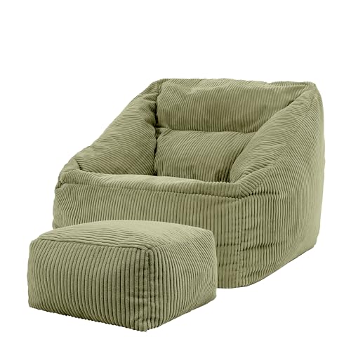 Icon Natalia Sitzsack Sessel mit Hocker für Erwachsene, Salbeigrün, Flauschiger Cord Stoff, Riesen Sitzsack Samt mit Füllung, Bean Bag Chair, Bequemer Sessel Wohnzimmer, Lounge, Schlafzimmer, Büro von Icon