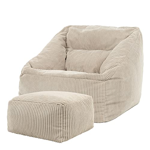 Icon Natalia Sitzsack Sessel mit Hocker für Erwachsene, Beige, Flauschiger Cord Stoff, Riesen Sitzsack Cord mit Füllung, Bean Bag Chair, Bequemer Sessel Wohnzimmer, Lounge, Schlafzimmer, Büro von Icon
