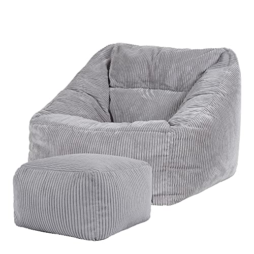 Icon Natalia Sitzsack Sessel mit Hocker für Erwachsene, Grau, Flauschiger Cord Stoff, Riesen Sitzsack Cord mit Füllung, Bean Bag Chair, Bequemer Sessel Wohnzimmer, Lounge, Schlafzimmer, Büro von Icon