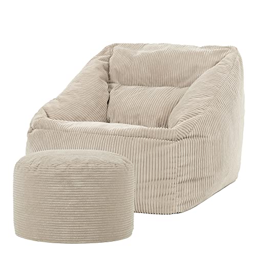 Icon Natalia Sitzsack Sessel mit Hocker für Erwachsene, Beige, Flauschiger Cord Stoff, Riesen Sitzsack Cord mit Füllung, Bean Bag Chair, Bequemer Sessel Wohnzimmer, Lounge, Schlafzimmer, Büro von Icon