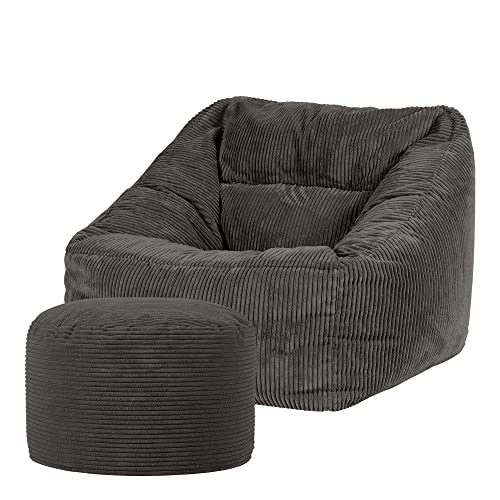 Icon Natalia Sitzsack Sessel mit Hocker für Erwachsene, Dunkelgrau, Flauschiger Cord Stoff, Riesen Sitzsack Cord mit Füllung, Bean Bag Chair, Bequemer Sessel Wohnzimmer, Lounge, Schlafzimmer, Büro von Icon