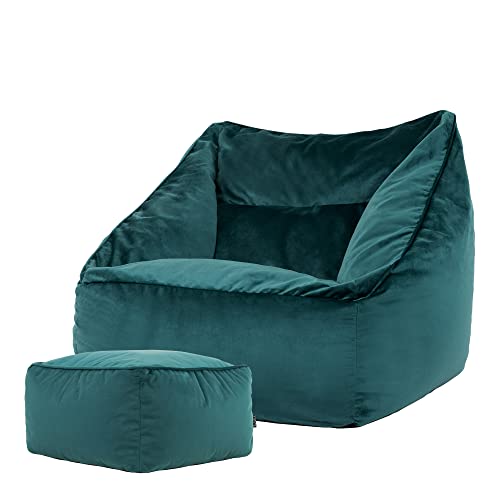 Icon Natalia Sitzsack Sessel mit Hocker für Erwachsene, Blaugrün, Flauschiger Samtstoff, Riesen Sitzsack Samt mit Füllung, Bean Bag Chair, Bequemer Sessel Wohnzimmer, Lounge, Schlafzimmer, Büro von Icon