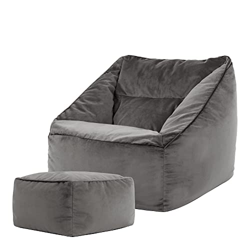Icon Natalia Sitzsack Sessel mit Hocker für Erwachsene, Dunkelgrau, Flauschiger Samtstoff, Riesen Sitzsack Samt mit Füllung, Bean Bag Chair, Bequemer Sessel Wohnzimmer, Lounge, Schlafzimmer, Büro von Icon