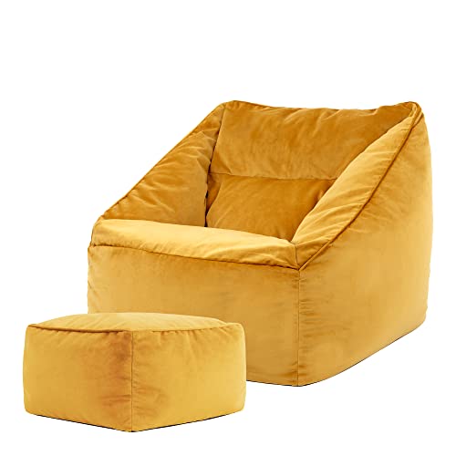 Icon Natalia Sitzsack Sessel mit Hocker für Erwachsene, Gelb, Flauschiger Samtstoff, Riesen Sitzsack Samt mit Füllung, Bean Bag Chair, Bequemer Sessel Wohnzimmer, Lounge, Schlafzimmer, Büro von Icon
