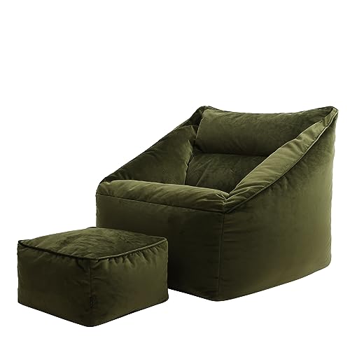 Icon Natalia Sitzsack Sessel mit Hocker für Erwachsene, Olivgrün, Flauschiger Samtstoff, Riesen Sitzsack Samt mit Füllung, Bean Bag Chair, Bequemer Sessel Wohnzimmer, Lounge, Schlafzimmer, Büro von Icon