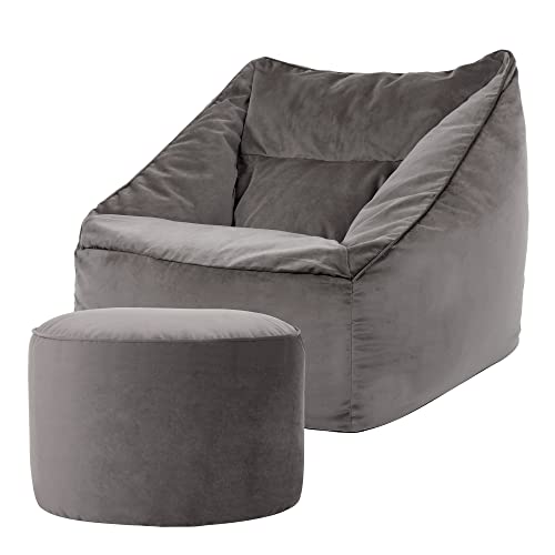 Icon Natalia Sitzsack Sessel mit Sitzpuff für Erwachsene, Dunkelgrau, Flauschiger Samtstoff, Riesen Sitzsack Samt mit Füllung, Bean Bag Chair, Bequemer Sessel Wohnzimmer, Lounge, Schlafzimmer, Büro von Icon