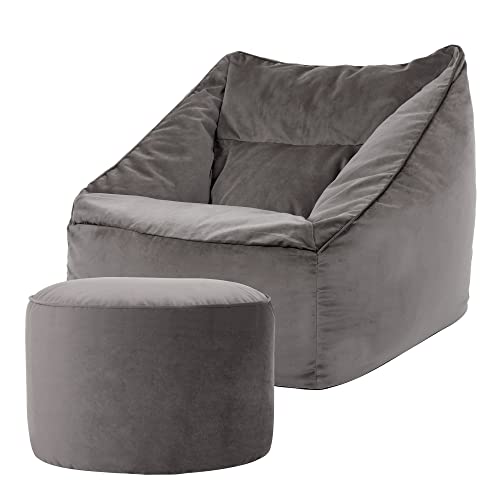 Icon Riesen Sitzsack Sessel „Natalia“ mit Sitzpuff, Anthrazitgrau, Plüsch XXL Sitzsack Erwachsene mit Füllung für das Wohnzimmer, Riesensitzsack Sofa XXL von Icon