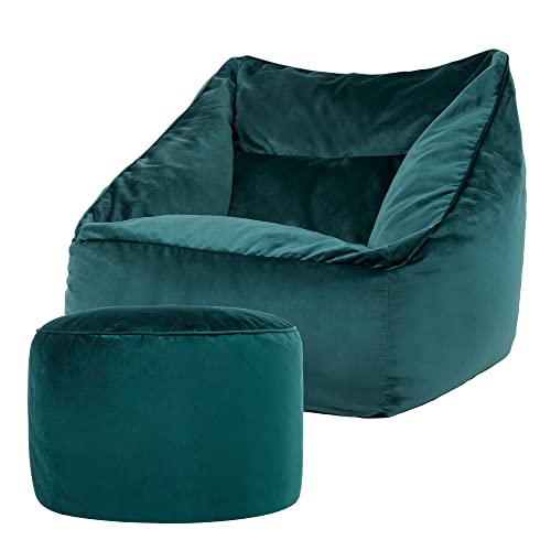 Icon Natalia Sitzsack Sessel mit Sitzpuff für Erwachsene, Blaugrün, Flauschiger Samtstoff, Riesen Sitzsack Samt mit Füllung, Bean Bag Chair, Bequemer Sessel Wohnzimmer, Lounge, Schlafzimmer, Büro von Icon