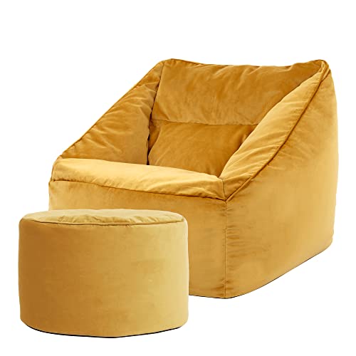 Icon Natalia Sitzsack Sessel mit Sitzpuff für Erwachsene, Gelb, Flauschiger Samtstoff, Riesen Sitzsack Samt mit Füllung, Bean Bag Chair, Bequemer Sessel Wohnzimmer, Lounge, Schlafzimmer, Büro von Icon