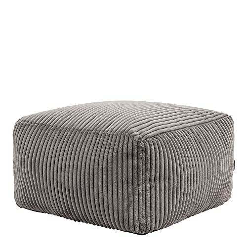 Icon Amara Hocker, Dunkelgrau, Flauschiger Cord Stoff, Sitzsack Cord, Sitzpuff Hocker mit Füllung, Fußhocker für das Wohnzimmer, Deko Wohnzimmer von Icon