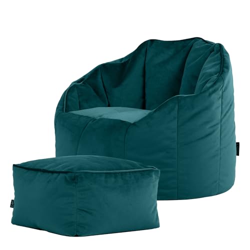 Icon Sirena Sitzsack Sessel mit Hocker für Erwachsene, Blaugrün, Flauschiger Samtstoff, Riesen Sitzsack Samt mit Füllung, Bean Bag Chair, Bequemer Sessel Wohnzimmer, Lounge, Schlafzimmer, Büro von Icon