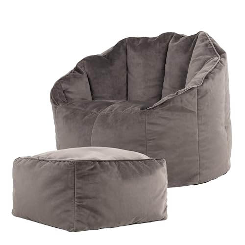 Icon Sirena Sitzsack Sessel mit Hocker für Erwachsene, Dunkelgrau, Flauschiger Samtstoff, Riesen Sitzsack Samt mit Füllung, Bean Bag Chair, Bequemer Sessel Wohnzimmer, Lounge, Schlafzimmer, Büro von Icon