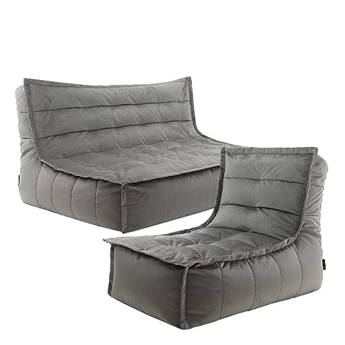 Icon Sitzsack Sofa mit Sitzsack „Dolce“, Grau, Samt, XXL Sitzsack Sessel für Erwachsene, Riesensitzsack mit Füllung für das Wohnzimmer, Sitzsack Groß Plüsch von Icon