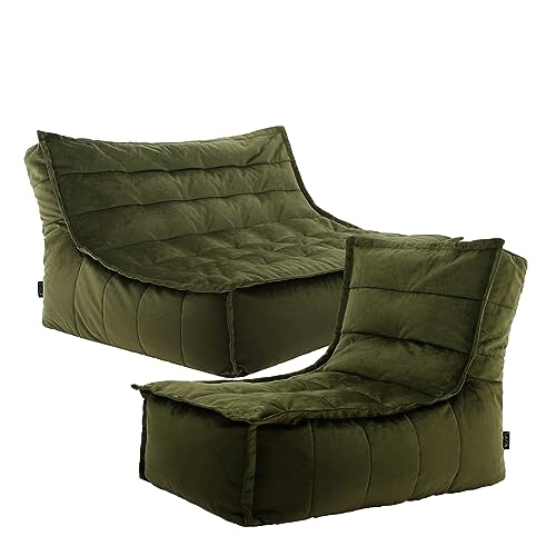 Icon Sitzsack Sofa mit Sitzsack „Dolce“, Olive, Samt, XXL Sitzsack Sessel für Erwachsene, Riesensitzsack mit Füllung für das Wohnzimmer, Sitzsack Groß Plüsch von Icon