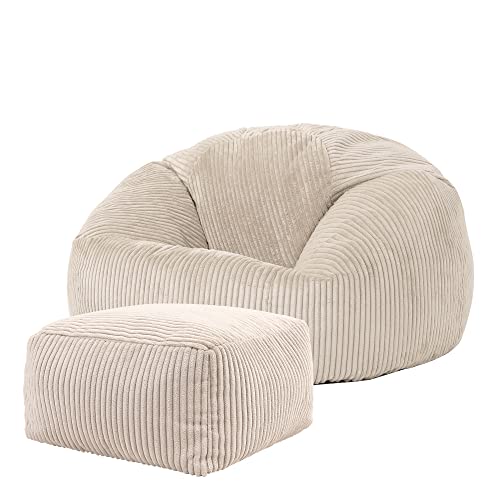 Icon Kingston Sitzsack mit Hocker Cord, Beige, Sitzsack Erwachsene mit Füllung, Bean Bag, Cord Sessel, Lounge Sessel, Lounge Stuhl, Schlafzimmer, Wohnzimmer, Wohnzimmer Möbel von Icon