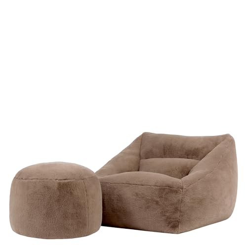 icon Natalia Sitzsack Sessel für Erwachsene mit Hocker, Mokkabraun, Flauschiger Kaninchen Kunstfell Stoff, Riesen Sitzsack mit Füllung, Bean Bag, Bequemer Sessel Wohnzimmer, Lounge, Schlafzimmer, Büro von Icon