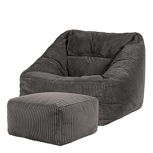 Icon Natalia Sitzsack Sessel mit Hocker für Erwachsene, Dunkelgrau, Flauschiger Cord Stoff, Riesen Sitzsack Cord mit Füllung, Bean Bag Chair, Bequemer Sessel Wohnzimmer, Lounge, Schlafzimmer, Büro von Icon