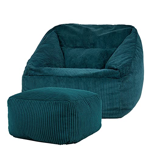 Icon Natalia Sitzsack Sessel mit Hocker für Erwachsene, Blaugrün, Flauschiger Cord Stoff, Riesen Sitzsack Cord mit Füllung, Bean Bag Chair, Bequemer Sessel Wohnzimmer, Lounge, Schlafzimmer, Büro von Icon