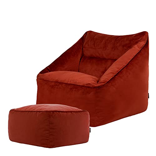 Icon Riesen Sitzsack Sessel „Natalia“ mit Hocker, Terrakotta, Plüsch XXL Sitzsack Erwachsene mit Füllung für das Wohnzimmer, Riesensitzsack Sofa XXL von Icon