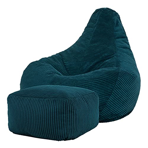 Icon Sitzsack „Dalton“ mit Hocker, Blaugrün, Cord, Groß, Sitzsäcke für das Wohnzimmer, Schlafzimmer, Sitzsack-Sessel für Erwachsene von Icon
