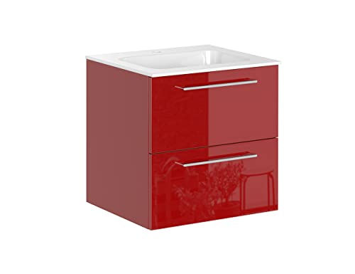Iconico Home Essential Hängender Badezimmerschrank mit 2 Schubladen und integriertem Waschbecken, Holzwerkstoff Kunststoff Metall, Rot Hochglanz, L. 60 cm von Iconico Home