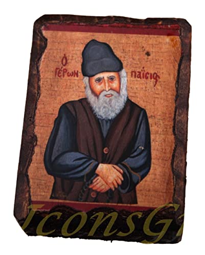 Griechisch-orthodoxes Holz Ikone des Heiligen Elder Paisios, klein von IconsGr